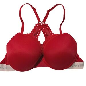 Tommy Hilfiger Red Pushup Underwire Bra 36C Racerback Logo Band Lace Trim